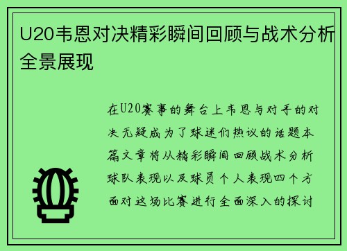 U20韦恩对决精彩瞬间回顾与战术分析全景展现